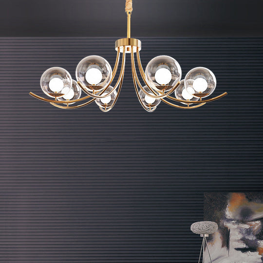 Modern Style Clear Glass Ball Chandelier - Golden Hanging Lamp with Curved Arm (6/8/10 Heads)