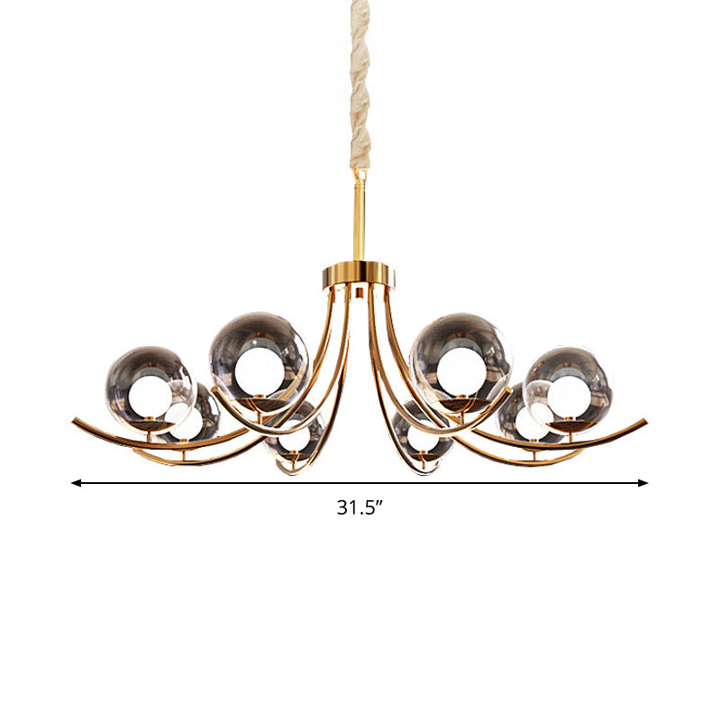 Modern Style Clear Glass Ball Chandelier - Golden Hanging Lamp with Curved Arm (6/8/10 Heads)