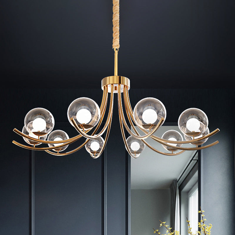 Modern Style Clear Glass Ball Chandelier - Golden Hanging Lamp with Curved Arm (6/8/10 Heads)