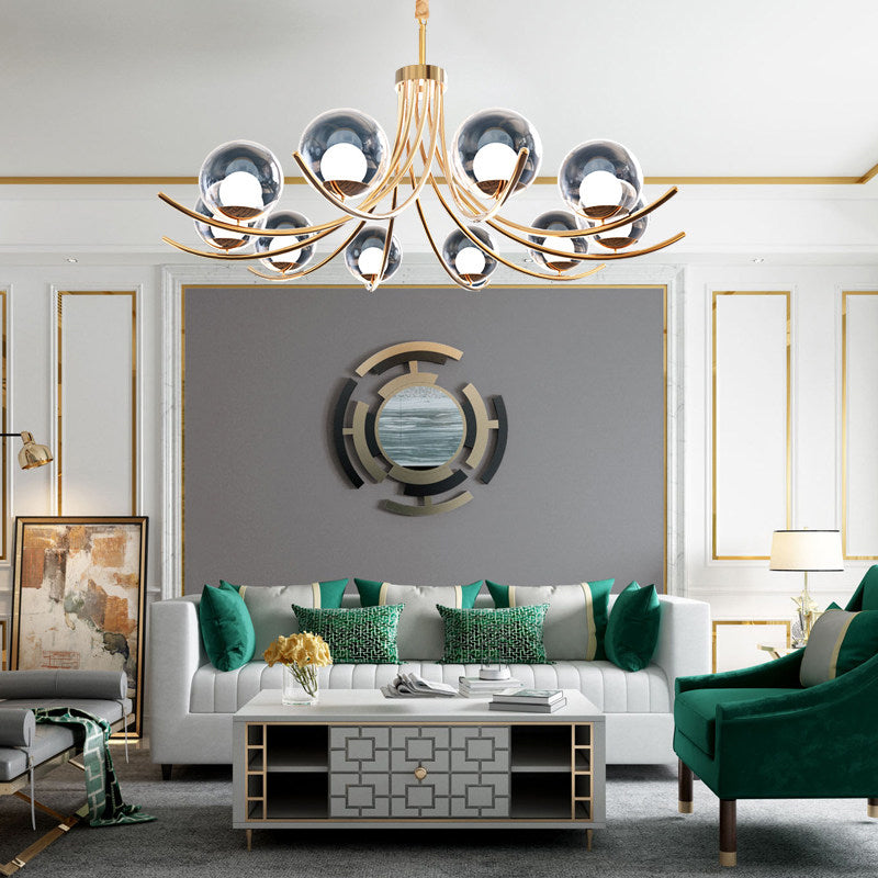 Modern Style Clear Glass Ball Chandelier - Golden Hanging Lamp with Curved Arm (6/8/10 Heads)