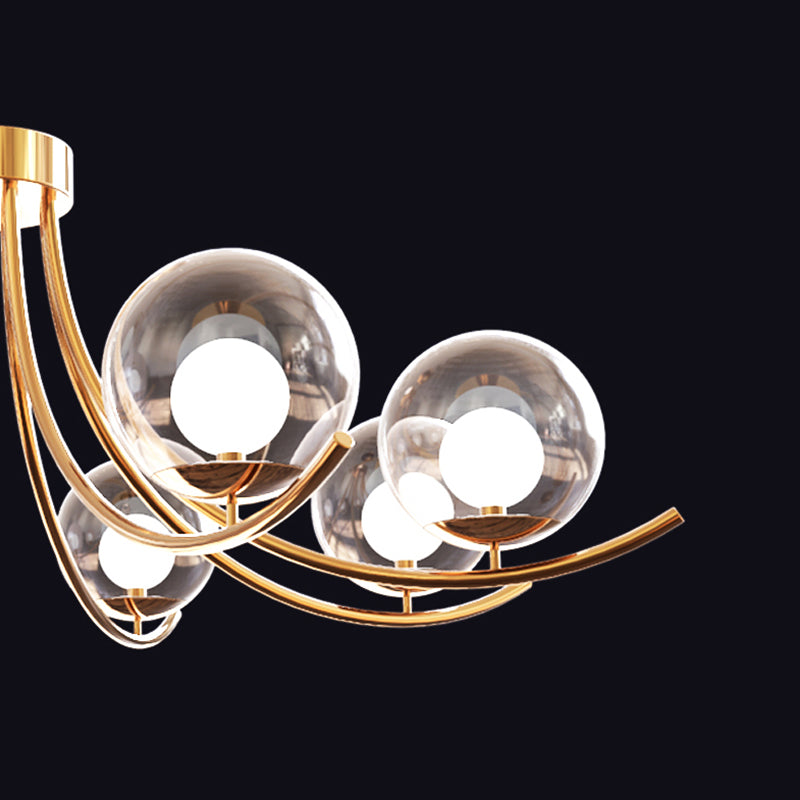 Modern Style Clear Glass Ball Chandelier - Golden Hanging Lamp with Curved Arm (6/8/10 Heads)