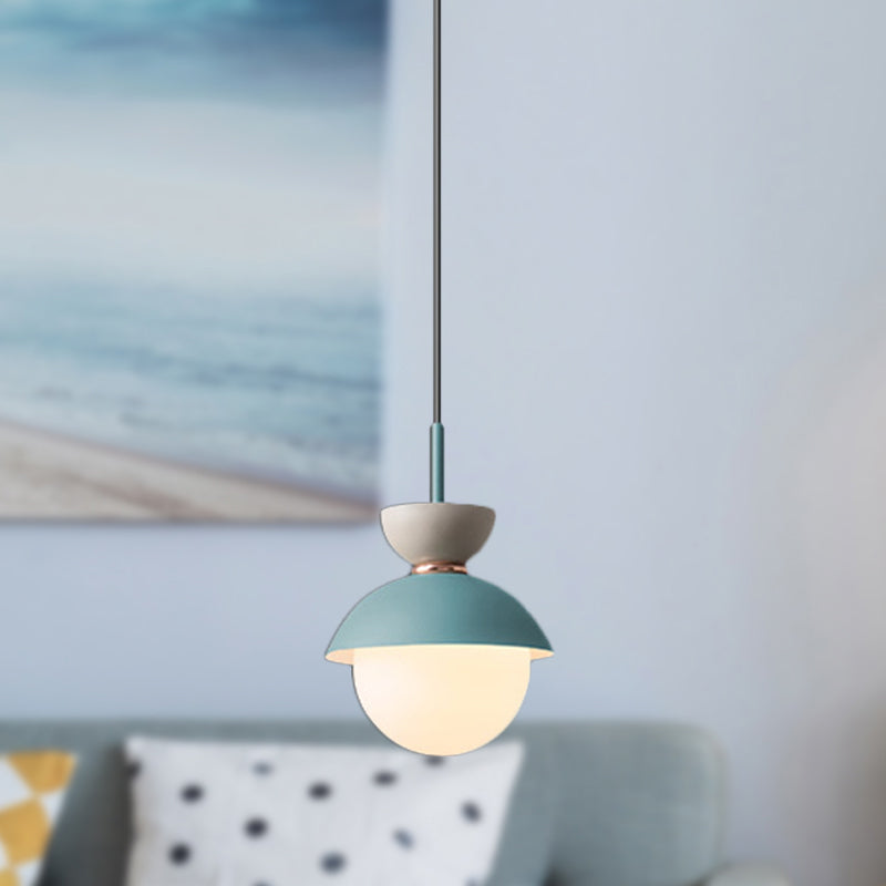 Justine - Macaron Hourglass Pendant Light Macaron Metal 1 Light Dark Blue and Gray/Dark Blue and Pink/Dark Blue and Pink Hanging Light with Globe White Glass Shade