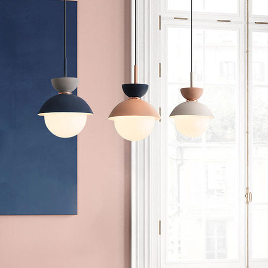 Justine - Macaron Hourglass Pendant Light Macaron Metal 1 Light Dark Blue and Gray/Dark Blue and Pink/Dark Blue and Pink Hanging Light with Globe White Glass Shade