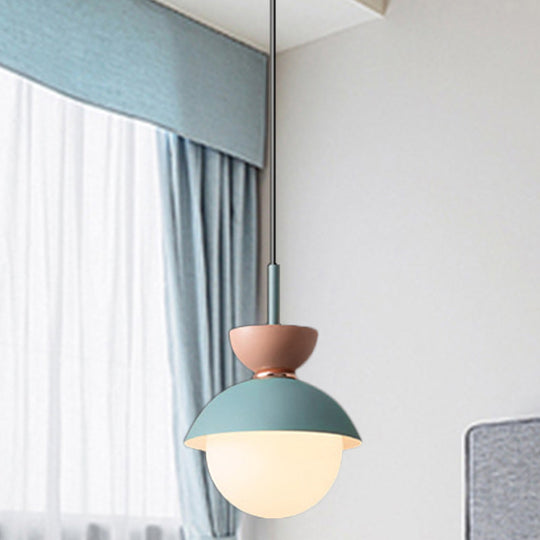 Justine - Macaron Hourglass Pendant Light Macaron Metal 1 Light Dark Blue and Gray/Dark Blue and Pink/Dark Blue and Pink Hanging Light with Globe White Glass Shade