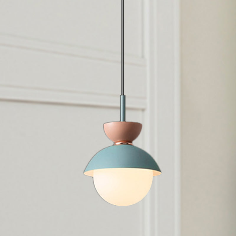 Justine - Macaron Hourglass Pendant Light Macaron Metal 1 Light Dark Blue and Gray/Dark Blue and Pink/Dark Blue and Pink Hanging Light with Globe White Glass Shade