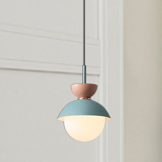 Justine - Macaron Hourglass Pendant Light Macaron Metal 1 Light Dark Blue and Gray/Dark Blue and Pink/Dark Blue and Pink Hanging Light with Globe White Glass Shade