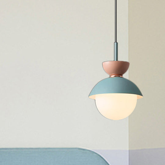 Justine - Macaron Hourglass Pendant Light Macaron Metal 1 Light Dark Blue and Gray/Dark Blue and Pink/Dark Blue and Pink Hanging Light with Globe White Glass Shade