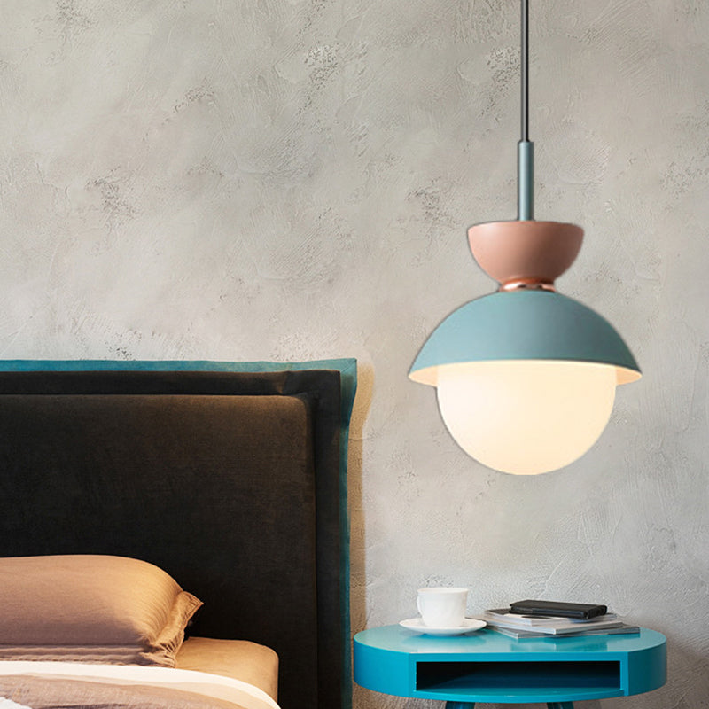 Justine - Macaron Hourglass Pendant Light Macaron Metal 1 Light Dark Blue and Gray/Dark Blue and Pink/Dark Blue and Pink Hanging Light with Globe White Glass Shade