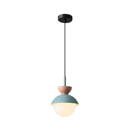 Justine - Macaron Hourglass Pendant Light Macaron Metal 1 Light Dark Blue and Gray/Dark Blue and Pink/Dark Blue and Pink Hanging Light with Globe White Glass Shade