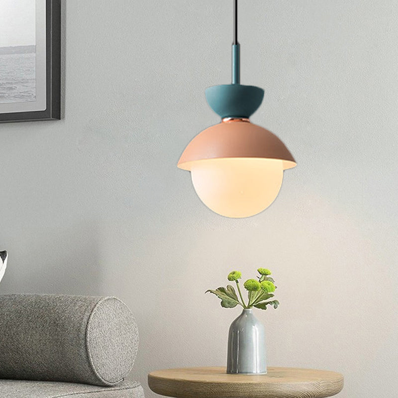 Justine - Macaron Hourglass Pendant Light Macaron Metal 1 Light Dark Blue and Gray/Dark Blue and Pink/Dark Blue and Pink Hanging Light with Globe White Glass Shade