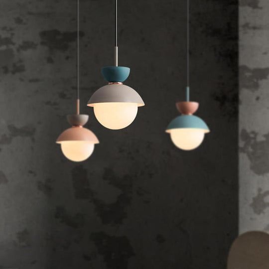 Justine - Macaron Hourglass Pendant Light Macaron Metal 1 Light Dark Blue and Gray/Dark Blue and Pink/Dark Blue and Pink Hanging Light with Globe White Glass Shade