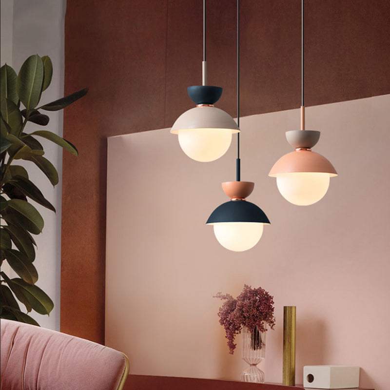 Justine - Macaron Hourglass Pendant Light Macaron Metal 1 Light Dark Blue and Gray/Dark Blue and Pink/Dark Blue and Pink Hanging Light with Globe White Glass Shade