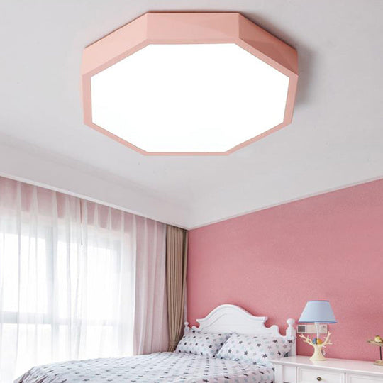 Minimal LED Octagon Flush Mount Lighting Fixture in Pink/Yellow/Blue - Warm/White Light, 16.5"/20.5