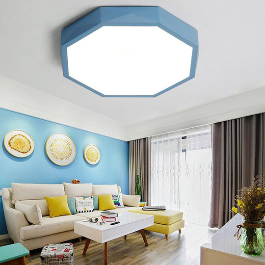 Minimal LED Octagon Flush Mount Lighting Fixture in Pink/Yellow/Blue - Warm/White Light, 16.5"/20.5