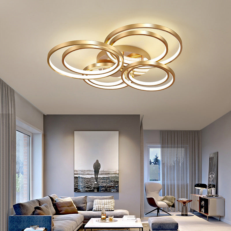 Modern LED Gold Semi Flush Mount Light Fixture - 21"/28" Circle Metal Ceiling Mounted - Warm/White Light