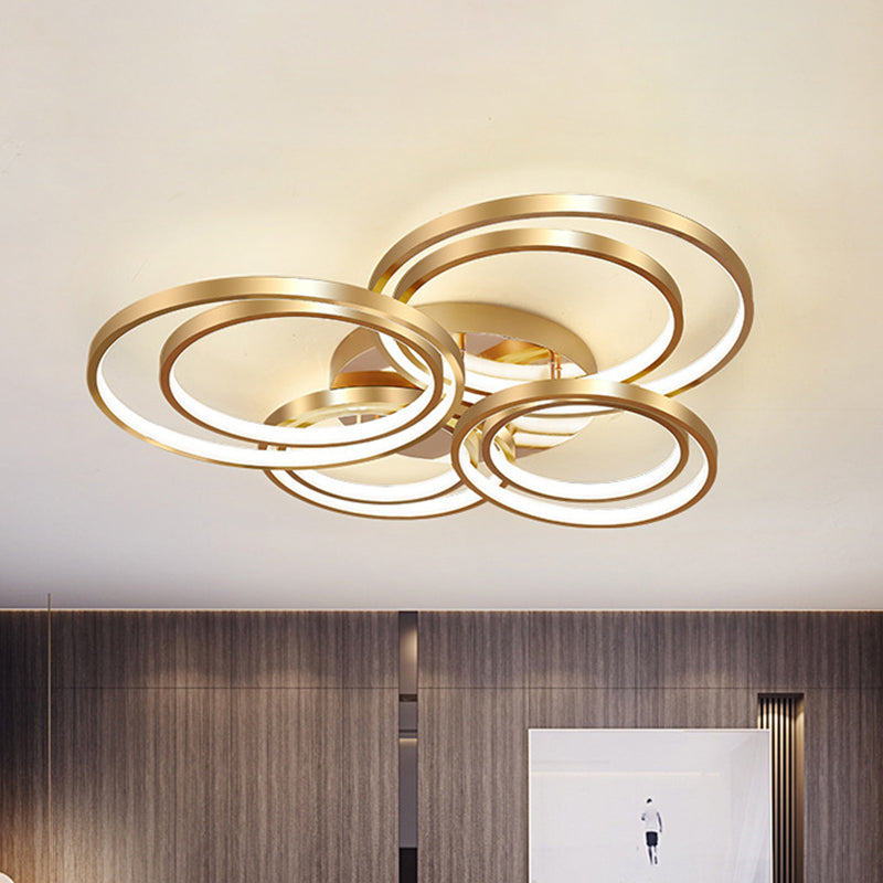 Modern LED Gold Semi Flush Mount Light Fixture - 21"/28" Circle Metal Ceiling Mounted - Warm/White Light