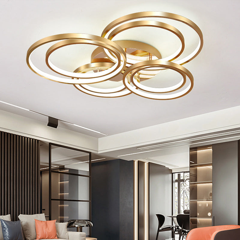 Modern LED Gold Semi Flush Mount Light Fixture - 21"/28" Circle Metal Ceiling Mounted - Warm/White Light