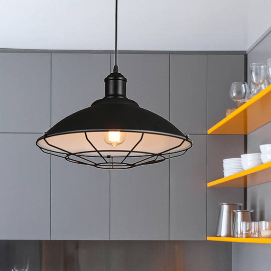 Industrial Black/White Iron Pendant Light Fixture - 1-Light Wire Cage Hanging Design with Saucer Shade for Kitchen