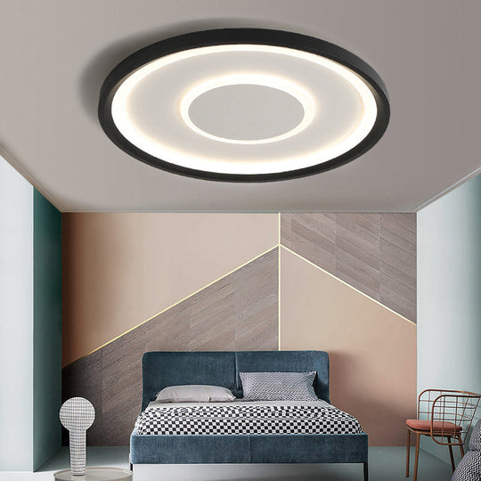 16"/19.5" Wide Contemporary Black Tray LED Ceiling Lamp - Flush Mount Metal Lighting with Remote Control Dimming - Warm/White Light