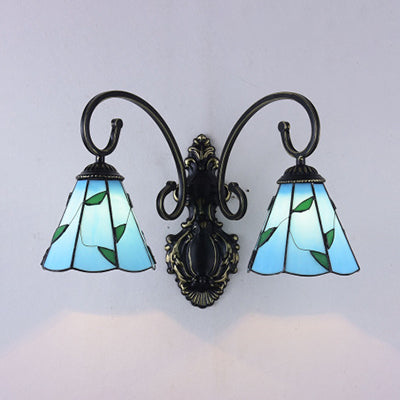 Country Style Stained Glass Leaf Wall Lamp With 2 Blue/Beige Lights For Dining Room Blue