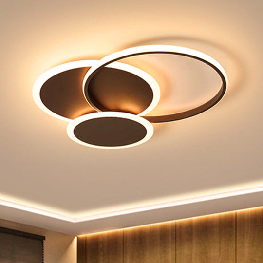 Modern LED Bedroom Ceiling Light in Coffee - 3 Round Ultra-Thin Acrylic Flushmount - 19.5"/22.5" W