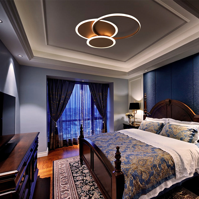 Modern LED Bedroom Ceiling Light in Coffee - 3 Round Ultra-Thin Acrylic Flushmount - 19.5"/22.5" W