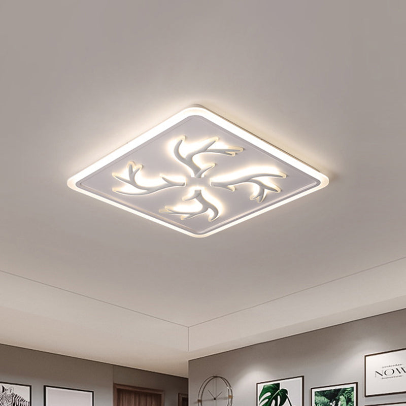 White LED Ceiling Lamp with Antler Element, Square Design and Stepless Dimming - Modern Flush Lighting with Remote Control