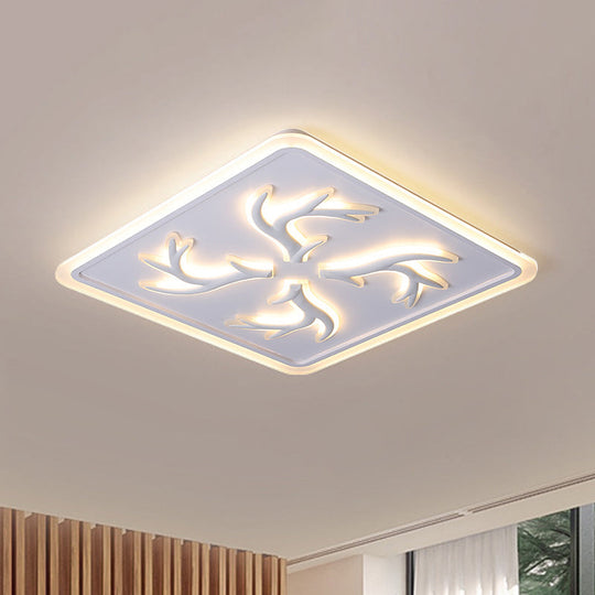 White LED Ceiling Lamp with Antler Element, Square Design and Stepless Dimming - Modern Flush Lighting with Remote Control