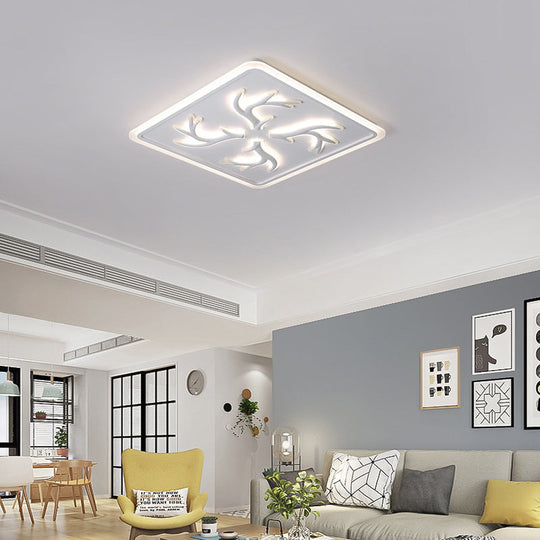 White LED Ceiling Lamp with Antler Element, Square Design and Stepless Dimming - Modern Flush Lighting with Remote Control