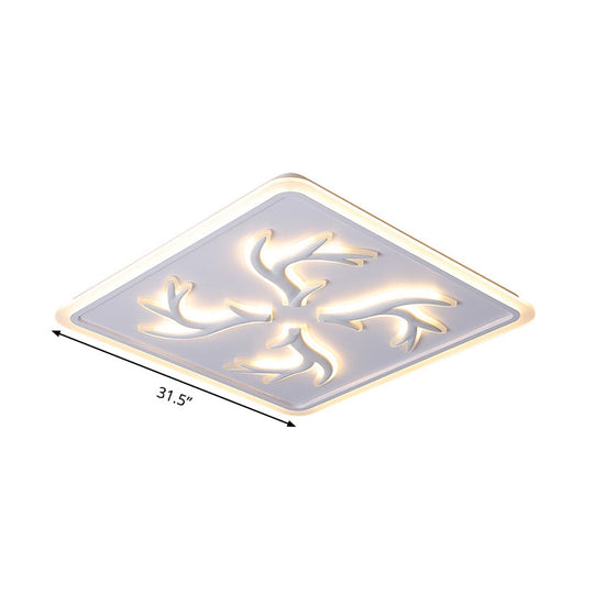 White LED Ceiling Lamp with Antler Element, Square Design and Stepless Dimming - Modern Flush Lighting with Remote Control