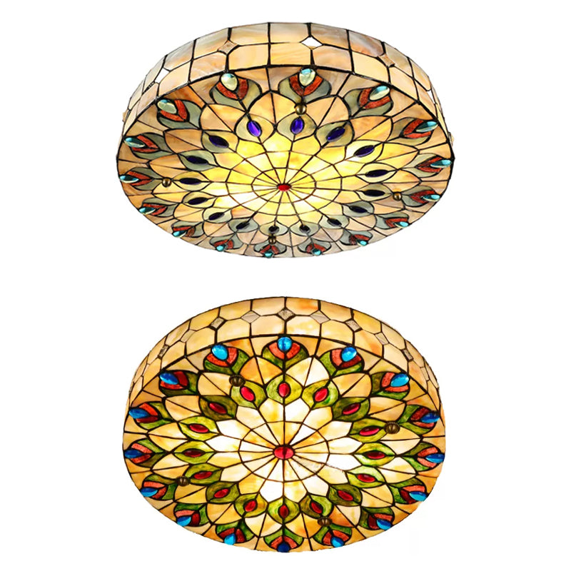 Tiffany Peacock Pattern Drum Flushmount Ceiling Lights, 4-Light Bedroom Lighting with Art Glass Shade