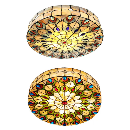 Tiffany Peacock Pattern Drum Flushmount Ceiling Lights, 4-Light Bedroom Lighting with Art Glass Shade