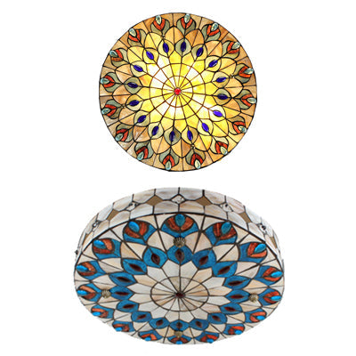 Tiffany Peacock Pattern Drum Flushmount Ceiling Lights, 4-Light Bedroom Lighting with Art Glass Shade