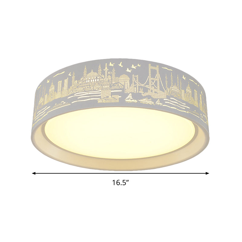 16.5/20.5 Modern White Carved Metal Drum Flush Lamp With Metropolis Scene - Led Ceiling Light