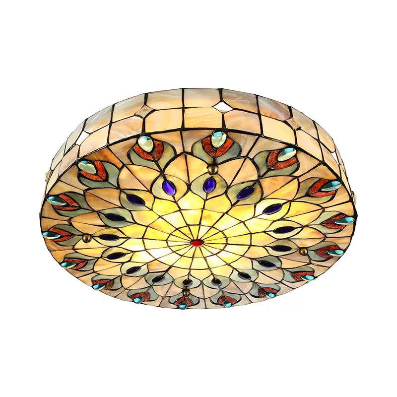 Tiffany Peacock Pattern Drum Flushmount Ceiling Lights, 4-Light Bedroom Lighting with Art Glass Shade