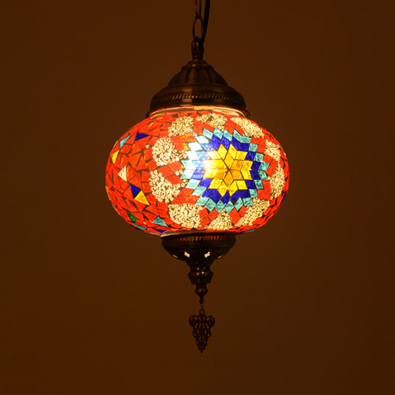 Vintage Stained Glass Spherical Hanging Pendant In Red/Blue/Yellow For Living Room Red