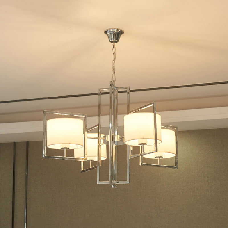 Modern Chrome Bedroom Chandelier With Cylinder Fabric Shade - 4 Lights Ceiling Hanging Light