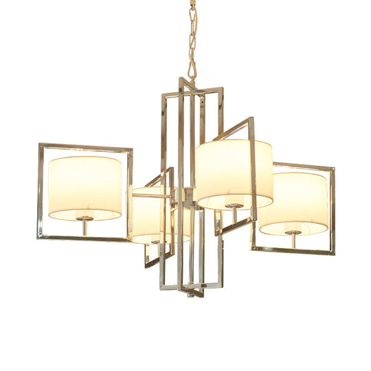 Modern Chrome Cylinder Fabric Shade Chandelier - 4-Light Bedroom Ceiling Light