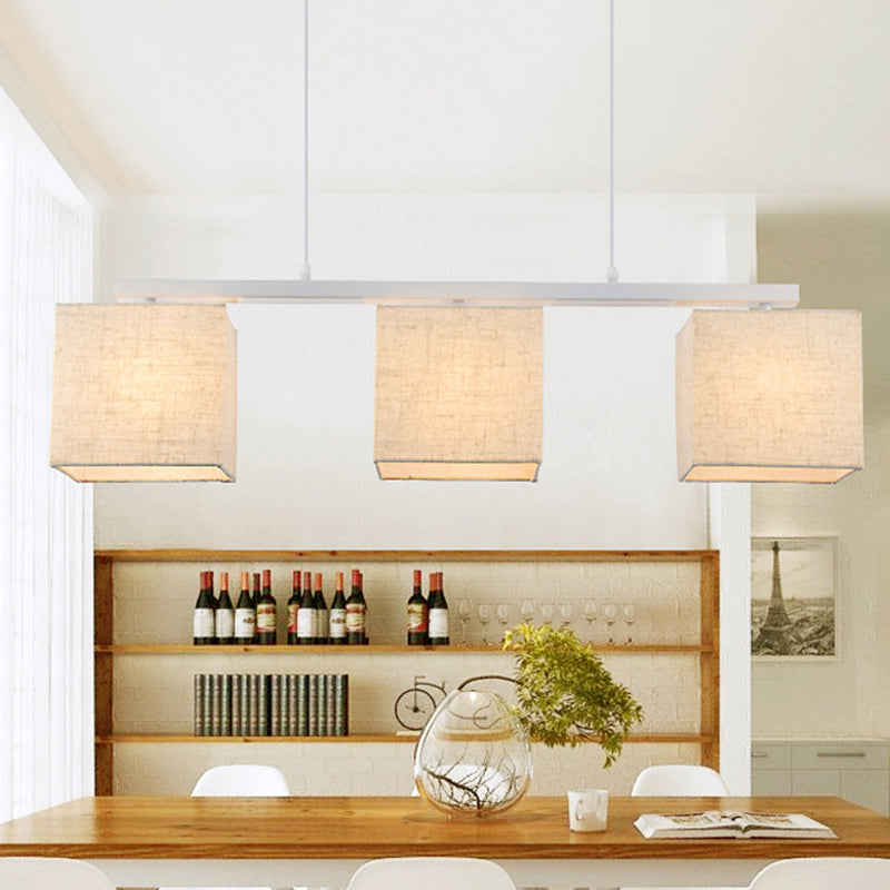 Modern 3-Headed Fabric Island Light Fixture For Kitchen - Square/Drum Style White Hanging Ceiling