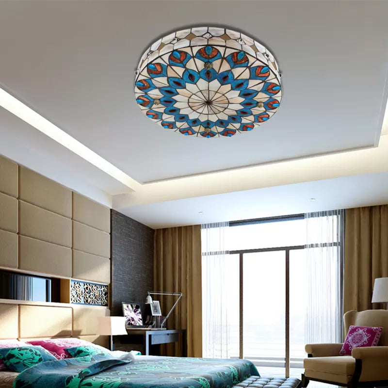 Tiffany Peacock Pattern Drum Flushmount Ceiling Lights, 4-Light Bedroom Lighting with Art Glass Shade