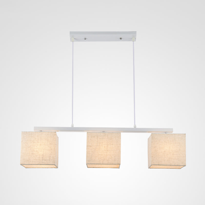 Modern 3-Headed Fabric Island Light Fixture For Kitchen - Square/Drum Style White Hanging Ceiling