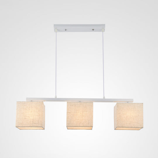 Modern 3-Headed Fabric Island Light Fixture For Kitchen - Square/Drum Style White Hanging Ceiling