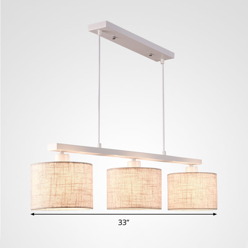 Modern 3-Headed Fabric Island Light Fixture For Kitchen - Square/Drum Style White Hanging Ceiling