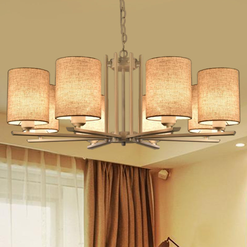 White Metal Sputnik Chandelier With Cylinder Fabric Shade - Modern Lighting For Ceiling (6/8 Heads)