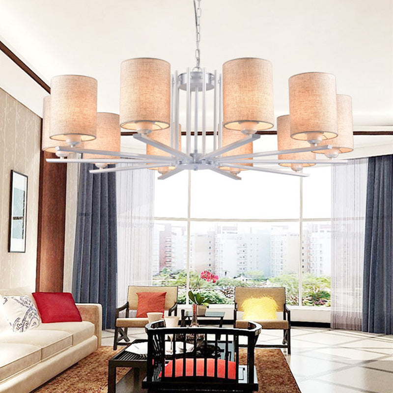 Modern Metal Sputnik Chandelier with White Finish and Cylinder Fabric Shade - 6/8 Heads Hanging Ceiling Lamp