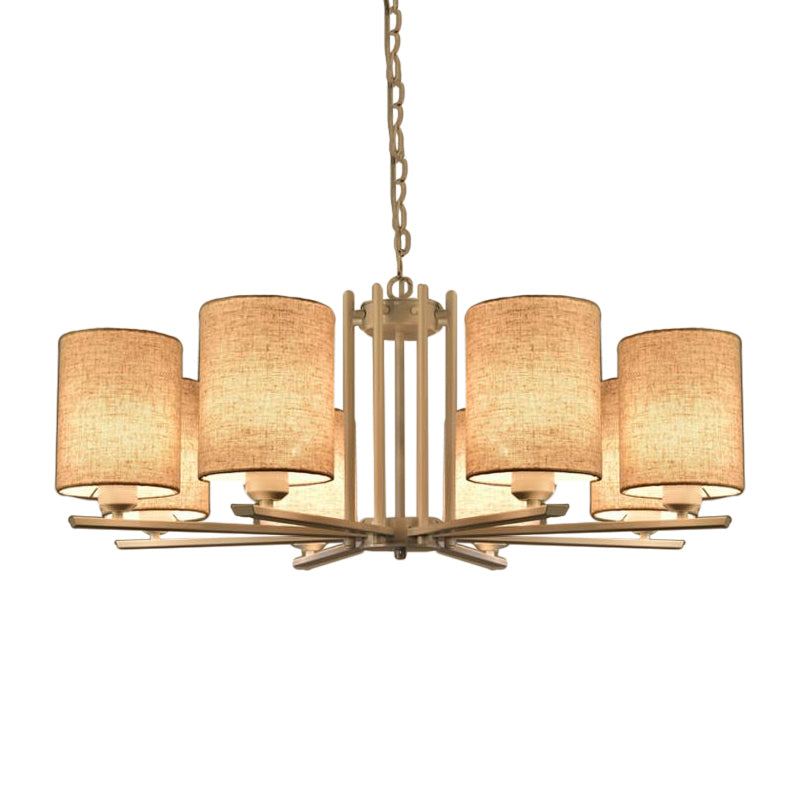 Modern Metal Sputnik Chandelier with White Finish and Cylinder Fabric Shade - 6/8 Heads Hanging Ceiling Lamp