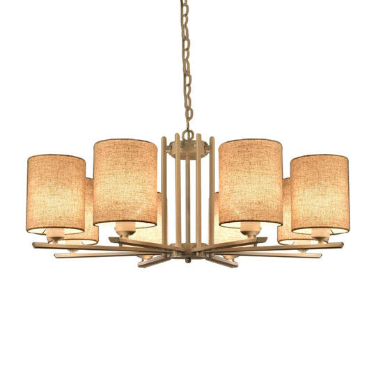 Modern Metal Sputnik Chandelier with White Finish and Cylinder Fabric Shade - 6/8 Heads Hanging Ceiling Lamp