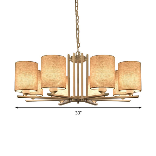 Modern Metal Sputnik Chandelier with White Finish and Cylinder Fabric Shade - 6/8 Heads Hanging Ceiling Lamp