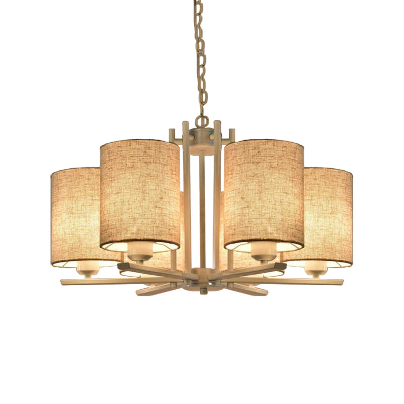 Modern Metal Sputnik Chandelier with White Finish and Cylinder Fabric Shade - 6/8 Heads Hanging Ceiling Lamp