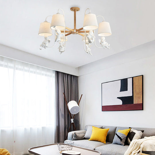 Contemporary White Barrel Chandelier Lamp - 6-Head Fabric Suspension Light With Angel Decoration